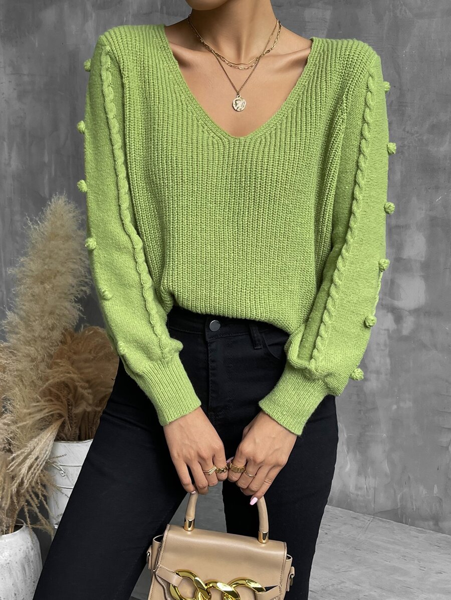Pom Pom V Neck Jumper - Lime Green - View 1