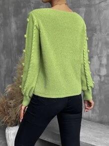 Pom Pom V Neck Jumper - Lime Green - View 2