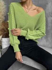 Pom Pom V Neck Jumper - Lime Green - View 3