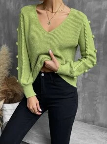 Pom Pom V Neck Jumper - Lime Green - View 5