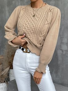 Criss Cross Ruffle Trim Cable Knit Jumper - Khaki - View 1