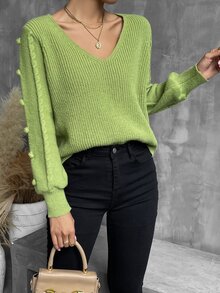 Pom Pom V Neck Jumper - Lime Green - View 6