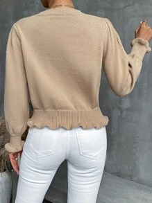 Criss Cross Ruffle Trim Cable Knit Jumper - Khaki - View 2