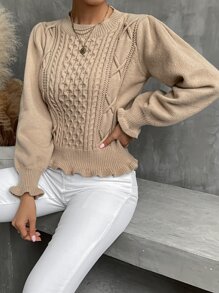 Criss Cross Ruffle Trim Cable Knit Jumper - Khaki - View 3