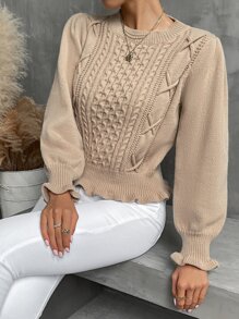 Criss Cross Ruffle Trim Cable Knit Jumper - Khaki - View 4