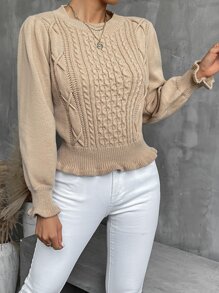 Criss Cross Ruffle Trim Cable Knit Jumper - Khaki - View 5