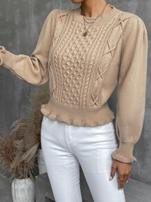 Criss Cross Ruffle Trim Cable Knit Jumper - Khaki - View 6