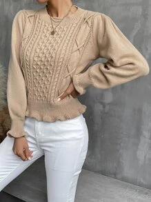 Criss Cross Ruffle Trim Cable Knit Jumper - Khaki - View 7