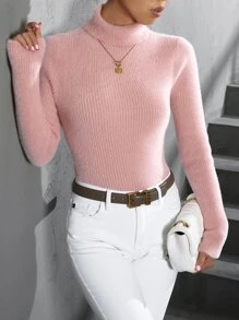 SHEIN Essnce 高領絨毛針織套頭毛衣 - 淺粉色 - 查看 3