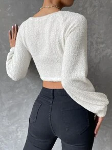 SHEIN Privé Off Shoulder Lantern Sleeve Crop Top - White - View 2
