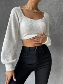 SHEIN Privé Off Shoulder Lantern Sleeve Crop Top - White - View 3