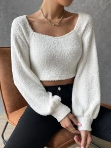 SHEIN Privé Off Shoulder Lantern Sleeve Crop Top - White - View 4