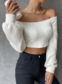 SHEIN Privé Off Shoulder Lantern Sleeve Crop Top - White - View 6
