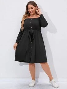 SHEIN Unity Plus Off Shoulder Fake Button Belted Dress - Black - View 1