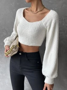 SHEIN Privé Off Shoulder Lantern Sleeve Crop Top - White - View 7