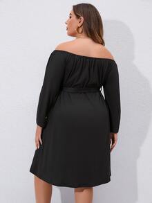 SHEIN Unity Plus Off Shoulder Fake Button Belted Dress - Black - View 2