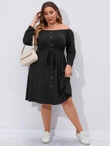 SHEIN Unity Plus Off Shoulder Fake Button Belted Dress - Black - View 3