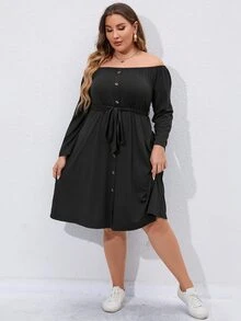 SHEIN Unity Plus Off Shoulder Fake Button Belted Dress - Black - View 4