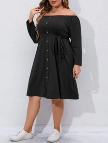 SHEIN Unity Plus Off Shoulder Fake Button Belted Dress - Black - View 5