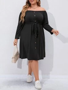 SHEIN Unity Plus Off Shoulder Fake Button Belted Dress - Black - View 6