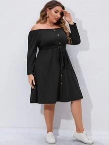 SHEIN Unity Plus Off Shoulder Fake Button Belted Dress - Black - View 7