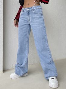 SHEIN EZwear 鏈條細節闊腿牛仔褲 - 淺色水洗藍 - 查看 1
