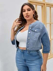 SHEIN Essnce 大碼翻蓋細節短款牛仔夾克 - 中等水洗藍 - 查看 3