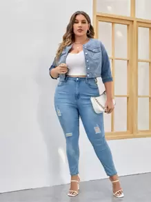 SHEIN Essnce 大碼翻蓋細節短款牛仔夾克 - 中等水洗藍 - 查看 4