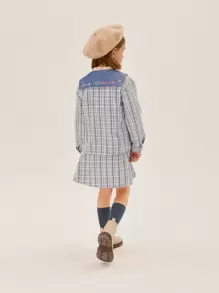 小女童彼得潘領格紋粗花呢花呢外套和裙子套裝 - 藍白色 - 查看 2