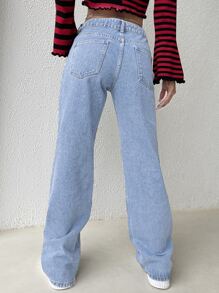 SHEIN EZwear 鏈條細節闊腿牛仔褲 - 淺色水洗藍 - 查看 2