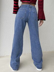 SHEIN EZwear Quần jean nữ Nút Chuỗi Túi Dây kéo màu trơn - Rửa trung bình - Xem 2