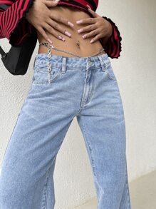 SHEIN EZwear 鏈條細節闊腿牛仔褲 - 淺色水洗藍 - 查看 3