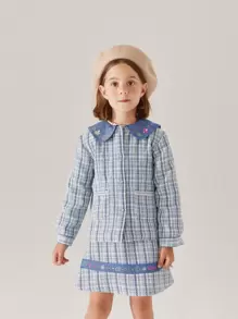 小女童彼得潘領格紋粗花呢花呢外套和裙子套裝 - 藍白色 - 查看 4