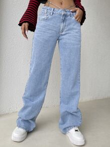 SHEIN EZwear 鏈條細節闊腿牛仔褲 - 淺色水洗藍 - 查看 4