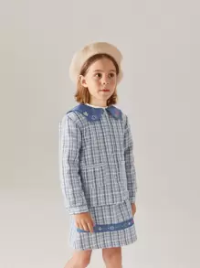 小女童彼得潘領格紋粗花呢花呢外套和裙子套裝 - 藍白色 - 查看 7