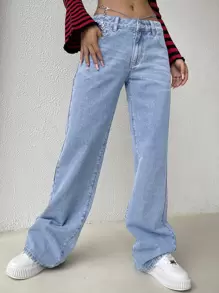 SHEIN EZwear 鏈條細節闊腿牛仔褲 - 淺色水洗藍 - 查看 6