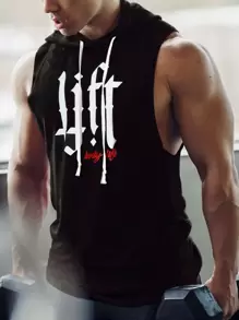 Manfinity Sport PWRUP Camiseta sin mangas deportiva con capucha y cordón, con gráfico de letra, estilo de novio, para entrenamiento - Negro - Ver 1