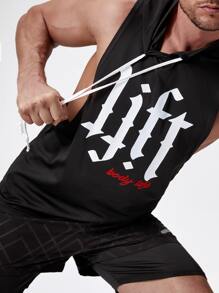 Manfinity Sport PWRUP Camiseta sin mangas deportiva con capucha y cordón, con gráfico de letra, estilo de novio, para entrenamiento - Negro - Ver 3