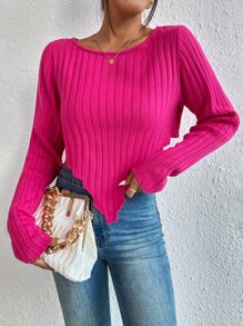 SHEIN Privé Áo len nữ Bất đối xứng Gân đan màu trơn Giải trí - Màu Hồng Tươi - Xem 4