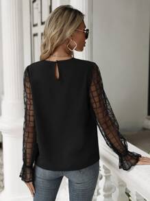 SHEIN Clasi Blusa panel con malla de manga con volante - Negro - Ver 2