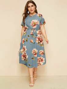 Plus Large Floral Print Belted Dress - Multicolor - View 1