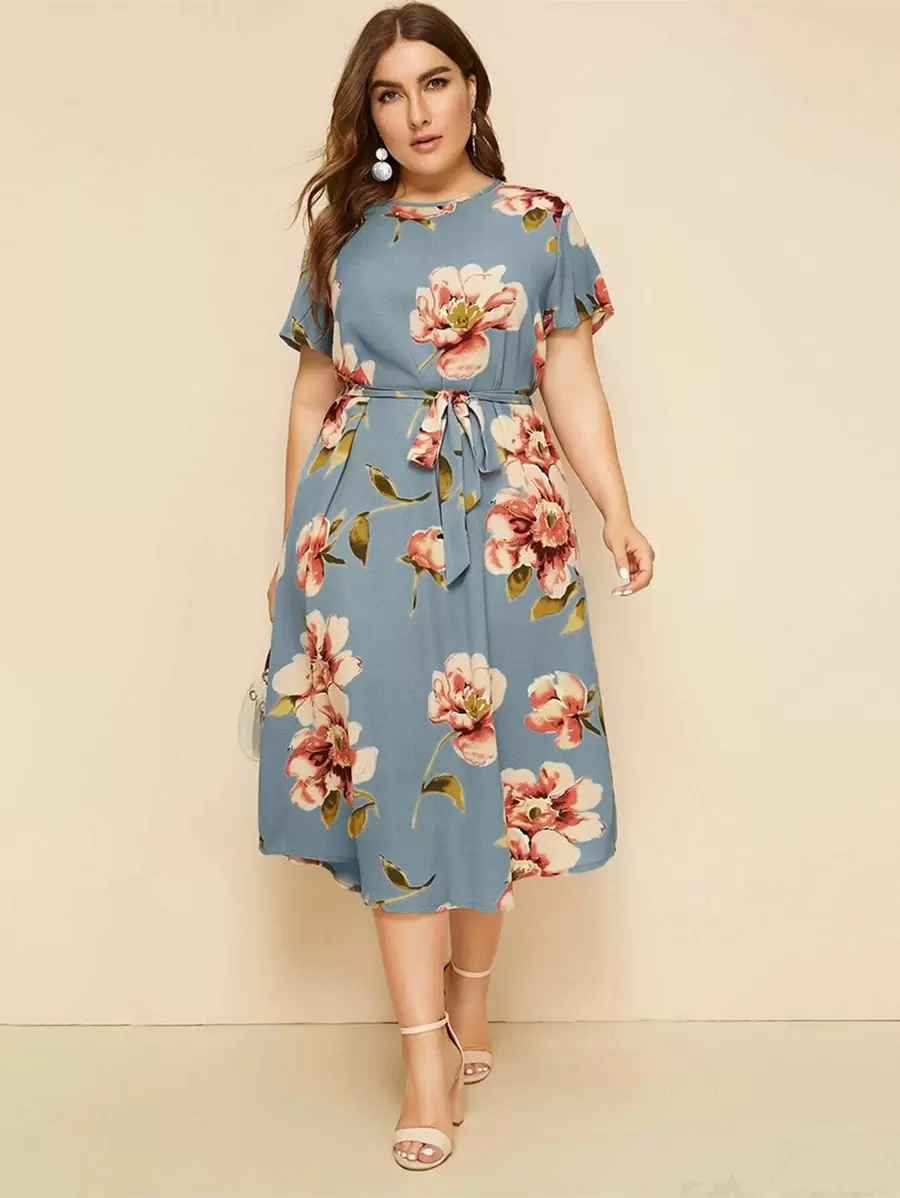 Plus Large Floral Print Belted Dress - Multicolor - View 1