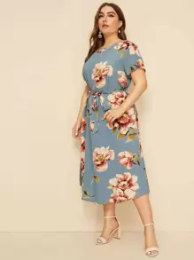 Plus Large Floral Print Belted Dress - Multicolor - View 3