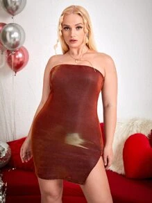 SHEIN Privé Vestido tubo bajo con abertura de color metálico - Marrón Chocolate - Ver 4