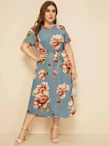 Plus Large Floral Print Belted Dress - Multicolor - View 5