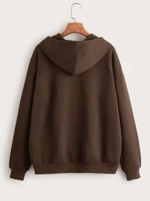 SHEIN EZwear 蝴蝶圖案落肩袖抽繩拉鍊保暖連帽衫 - 咖啡棕 - 查看 2