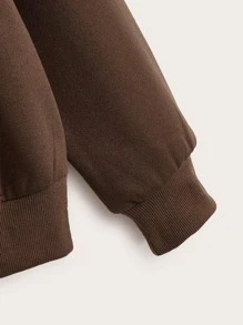 SHEIN EZwear 蝴蝶圖案落肩袖抽繩拉鍊保暖連帽衫 - 咖啡棕 - 查看 4