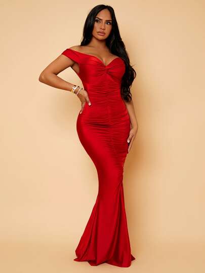 SHEIN SXY Vestido de fiesta girante delantero bajo sirena de hombros descubiertos