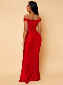 SHEIN SXY 前扭結魚尾裙下擺露肩舞會洋裝 - 紅色 - 查看 2