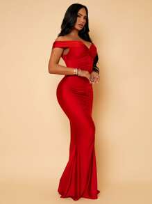 SHEIN SXY 前扭結魚尾裙下擺露肩舞會洋裝 - 紅色 - 查看 3